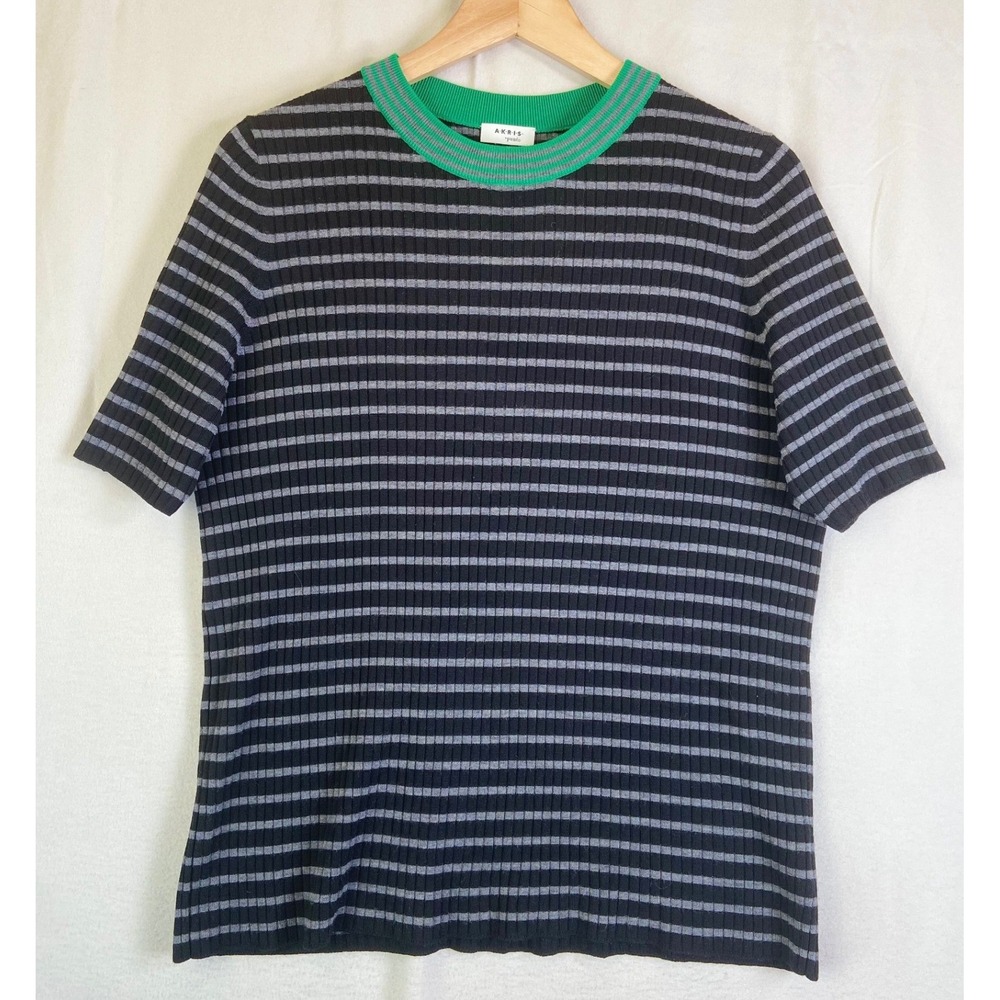 Akris Punto Sweater Womens 12 Gray Green Trim Virgin Wool Rib Knit Short Sleeve
